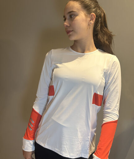 Camiseta Feminina Manga Longa Branca e Pitanga (Bicolor)